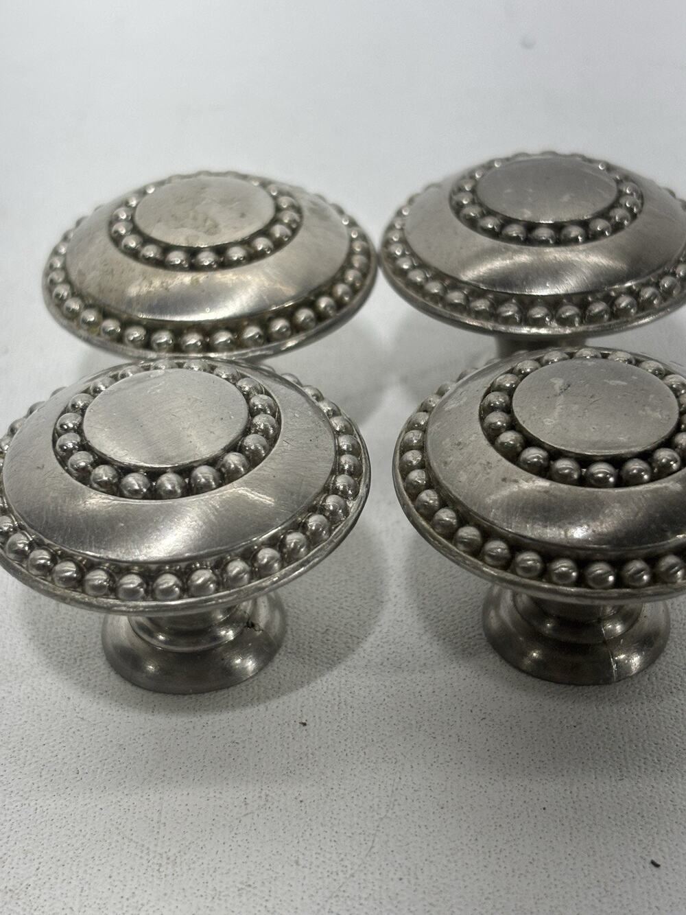 Vintage Set of 4 Beaded Satin Nickel Drawer Knobs Cabinet Pulls MCM Art Deco